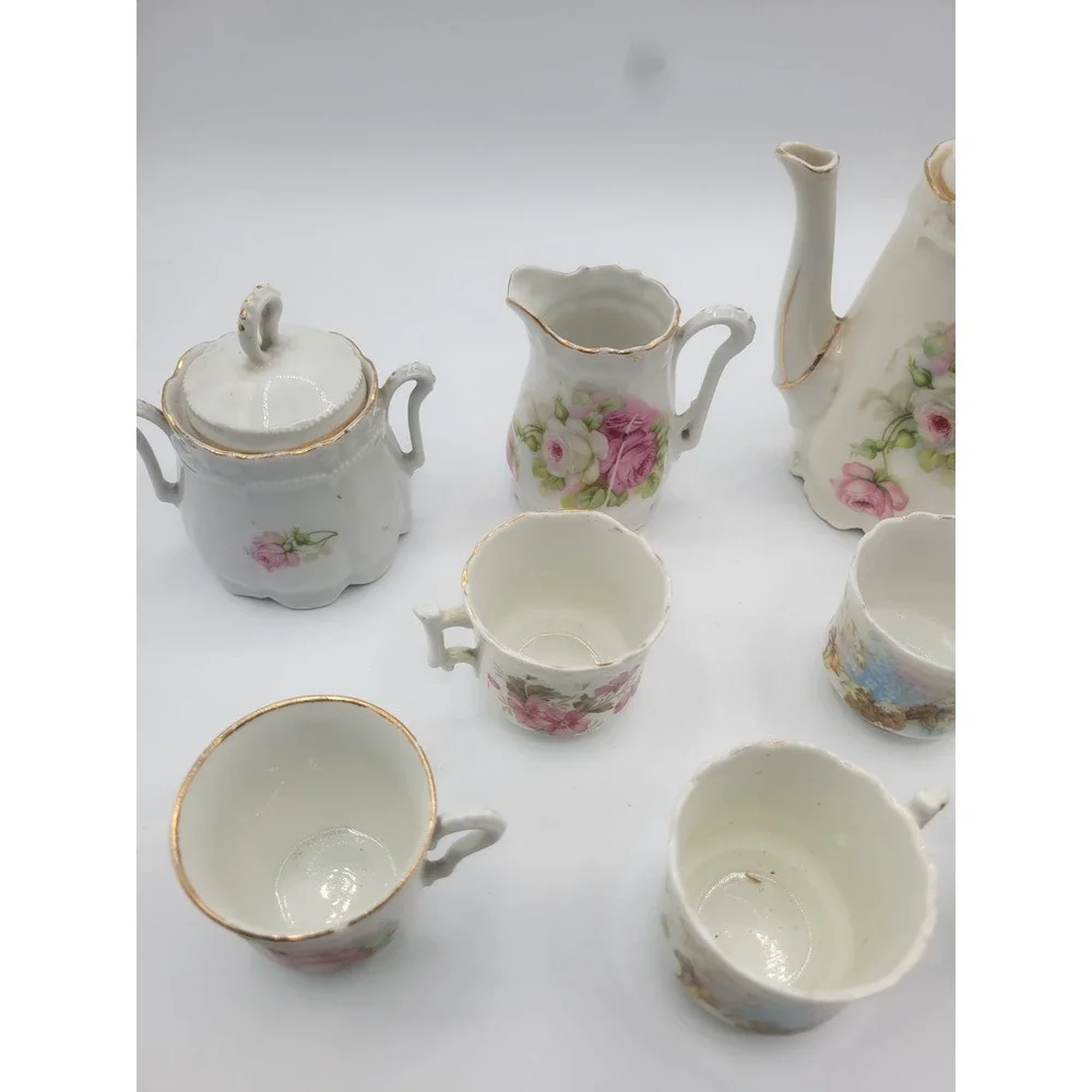 Vintage Miniature Porcelain Tea Set Floral Rose Gold Trim 7 Piece Set Fair